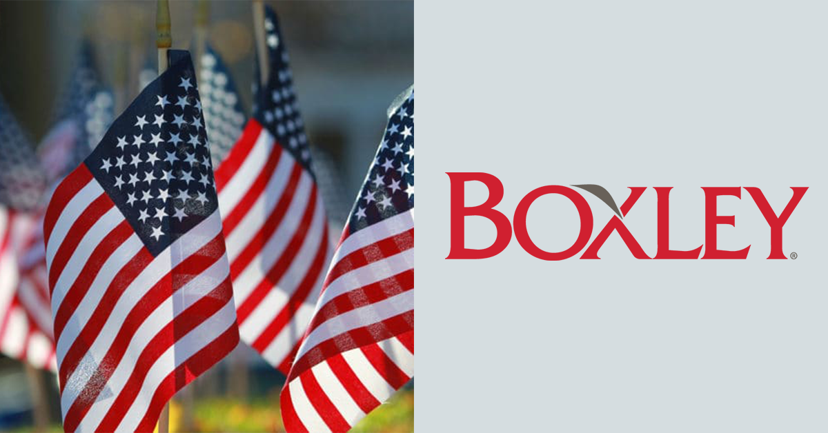 U.S.A. flags alongside of the Boxley logo